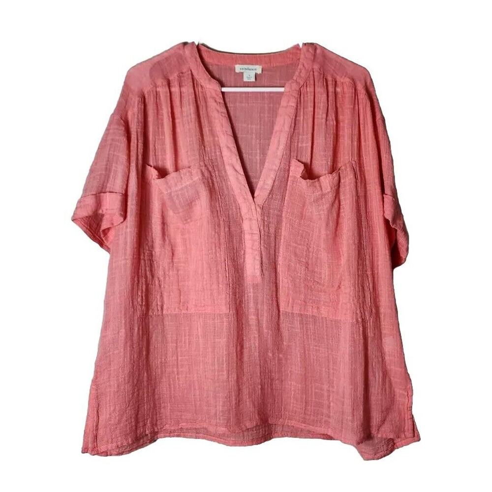 Sundance Crinkle Gauze Blouse Size Small Pink Short Sleeve Pockets V-Neck